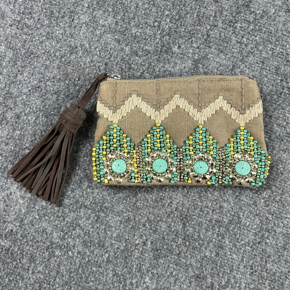 Gap Beaded Clutch Wallet Natural Brown Boho Southwestern Festival Tassel Y2K
